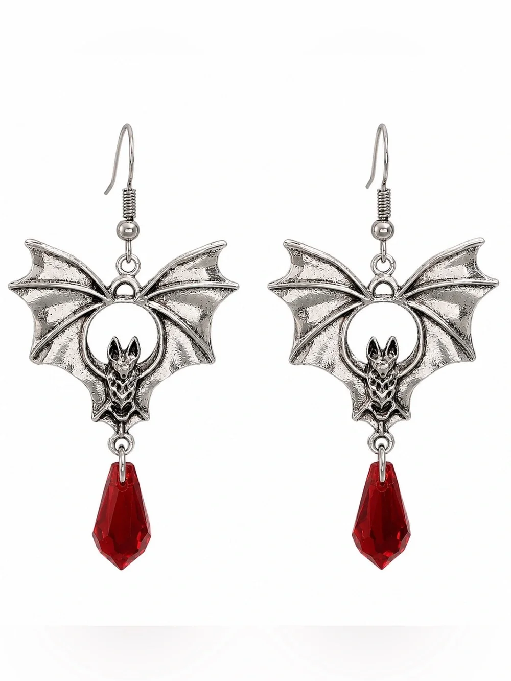 Red Crystal Silver Tone Bat Dangle Earrings Halloween Gothic Vampire Jewelry NEW